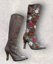 90s Dolce & Gabbana Grey Suede Knee-High Boots with Floral Embroidery and Beading (8.5)