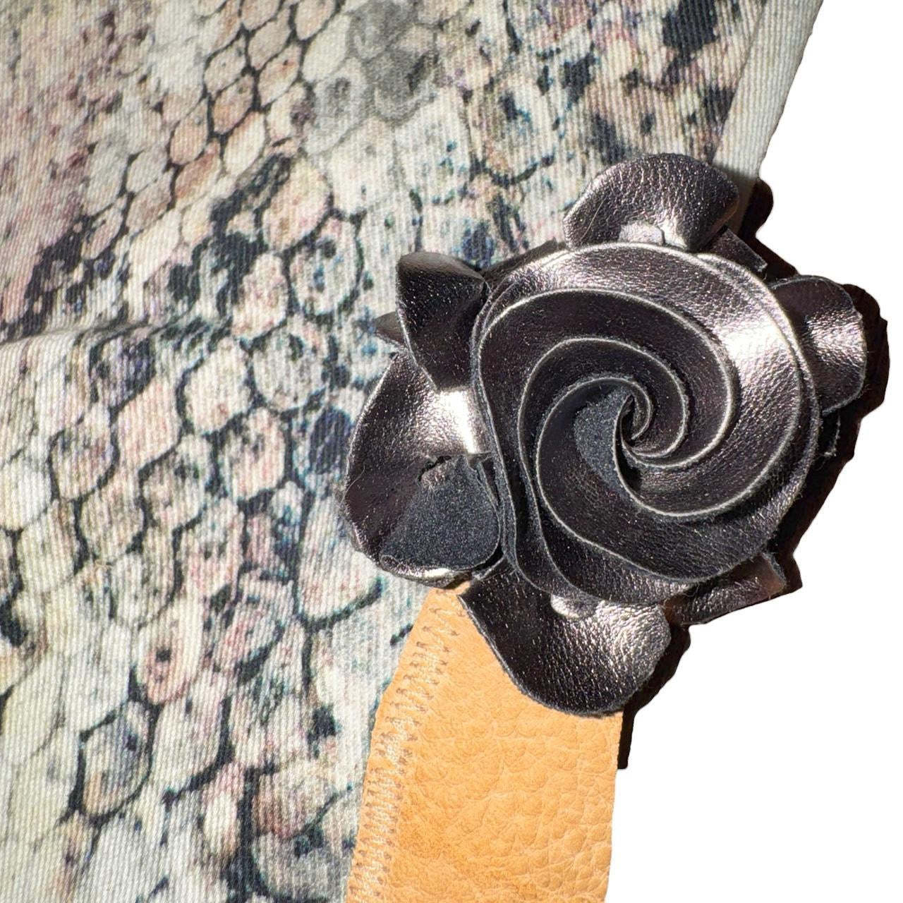 Raw Leather Hem Snakeskin Flare Jeans (XS)