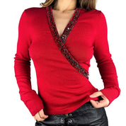 Beaded Silk Knit Wrap Blouse (S/M)