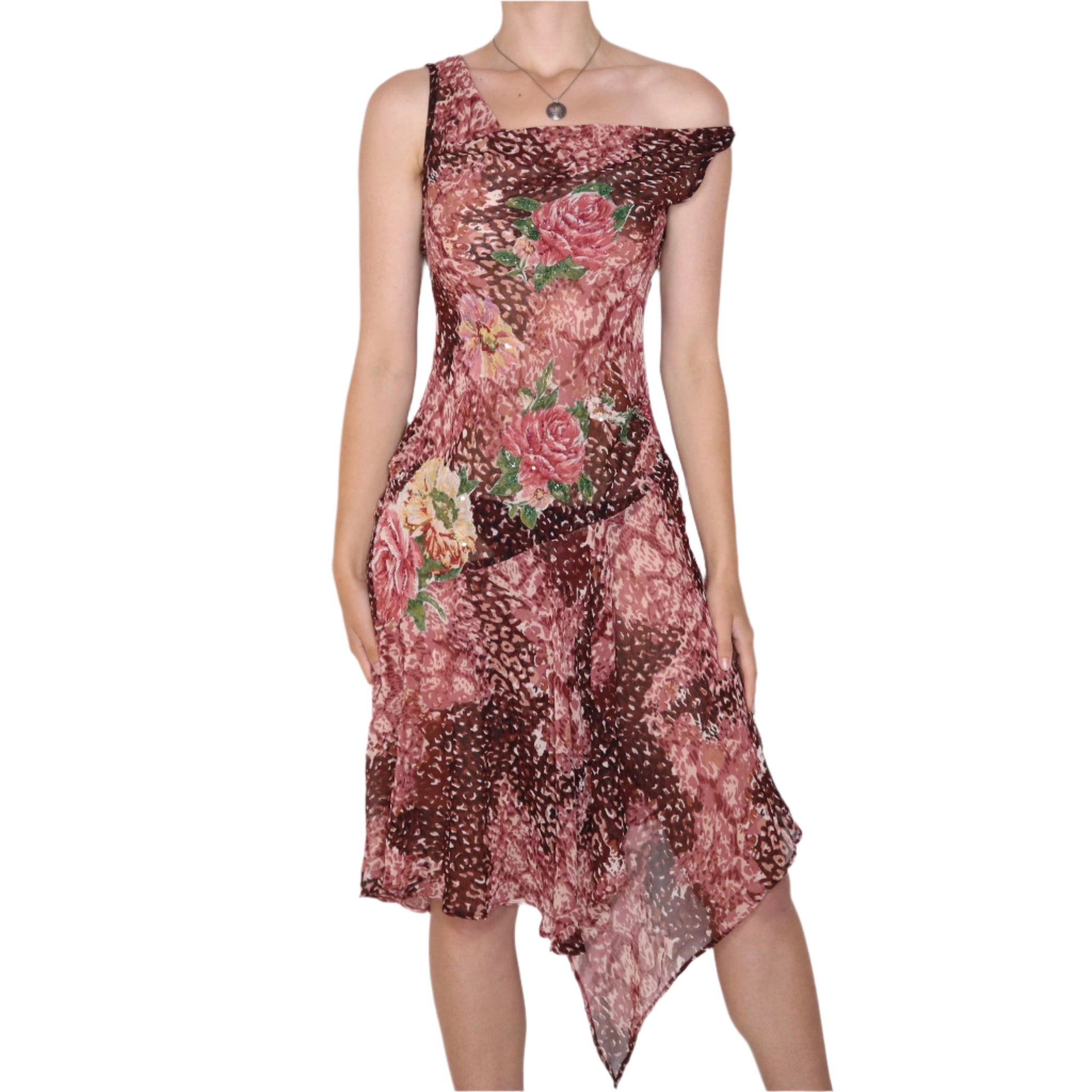 Y2K Pink Leopard Print Beaded Chiffon Dress (S) Holy Thrift Y2K Pink Leopard Print Beaded Chiffon Dress (S) Holy Thrift