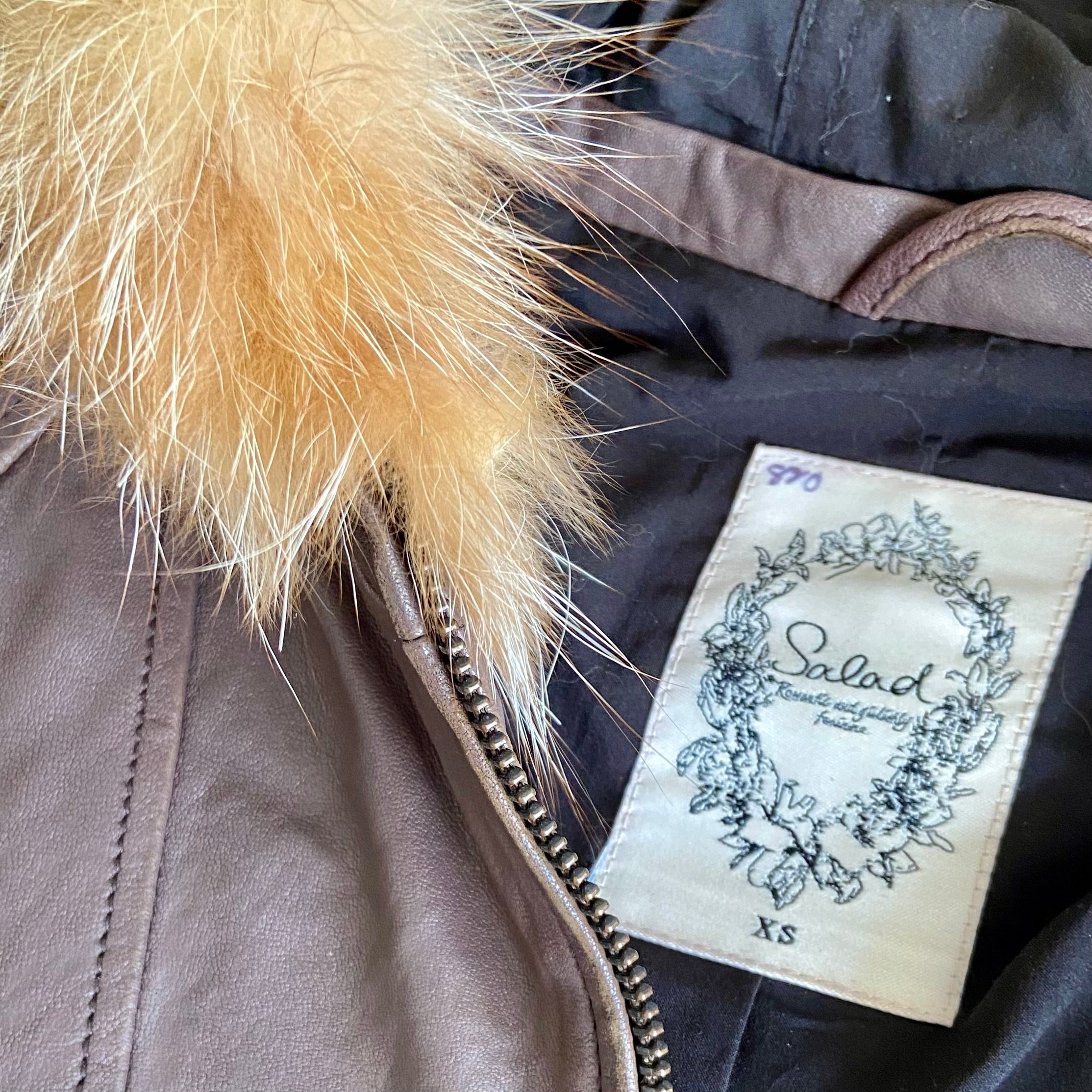 Fitted Brown Leather Jacket with Fur Hood (XS)