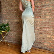90s Pastel Mint Floral Satin Maxi Dress (M)