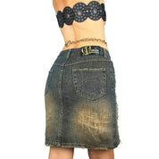 Y2K Distressed Denim Patchwork Skirt (S)