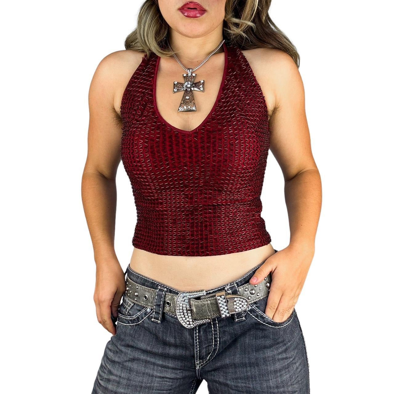 Caché Burgundy Beaded Halter Top (S)