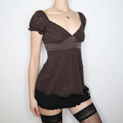 Y2K BEBE Brown Eyelet Lace Babydoll Blouse (XS)