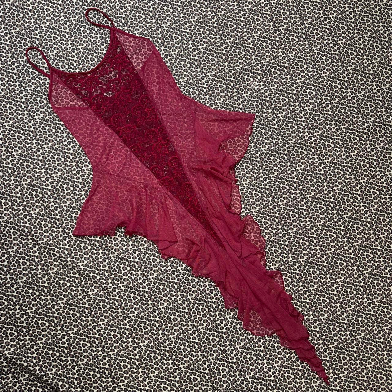 Burgundy Cascading Ruffle Lace & Mesh Slip Dress (S/M)