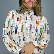 90s Fashion Illustration Novelty Print Silk Blouse (S)