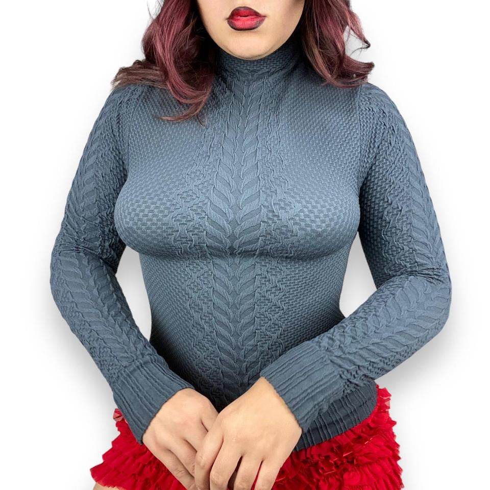 2000s Stretchy Slate Grey Turtleneck Top (S)