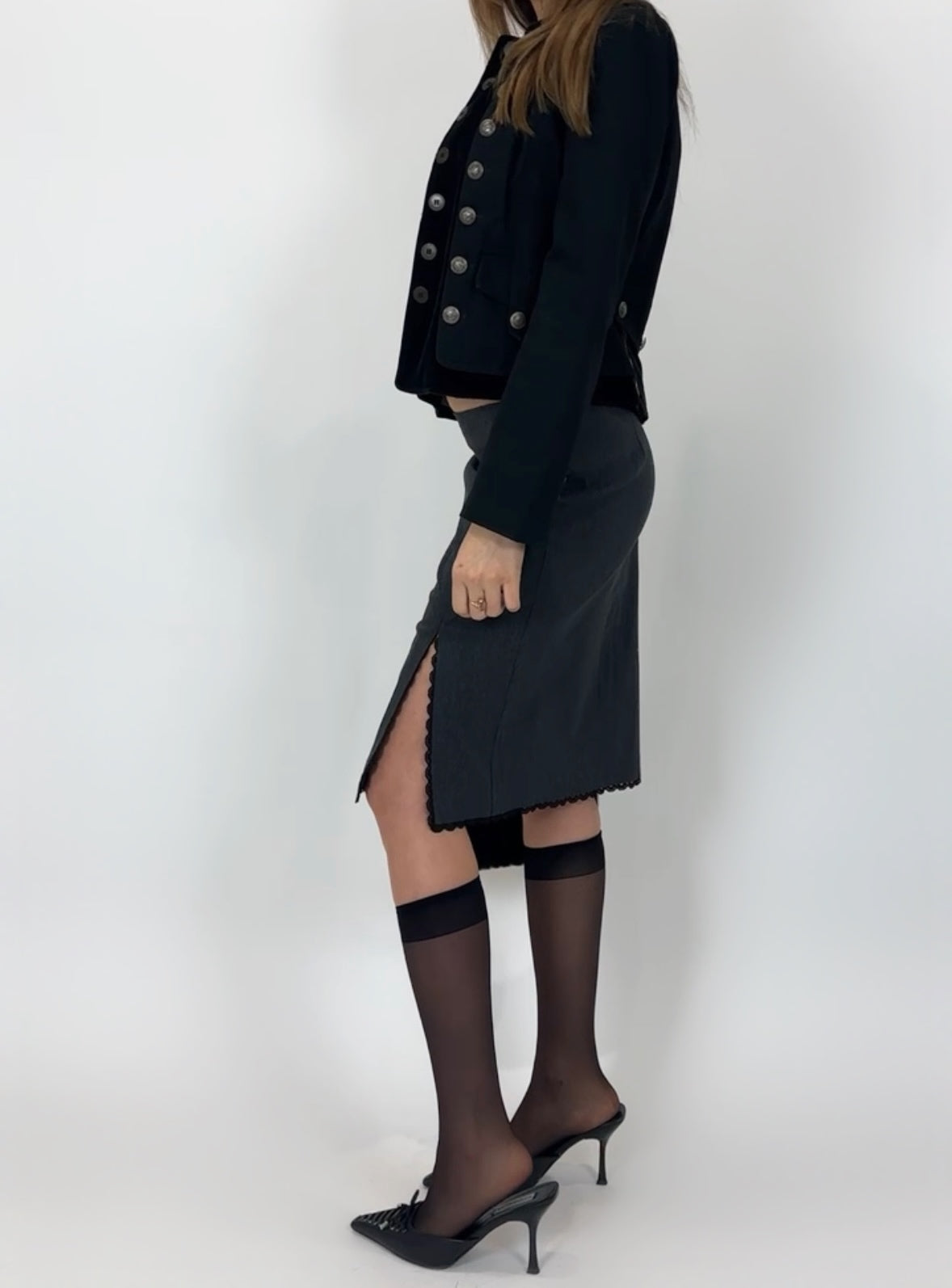 2000s Grey Lace Trim Midi Skirt (S/M)