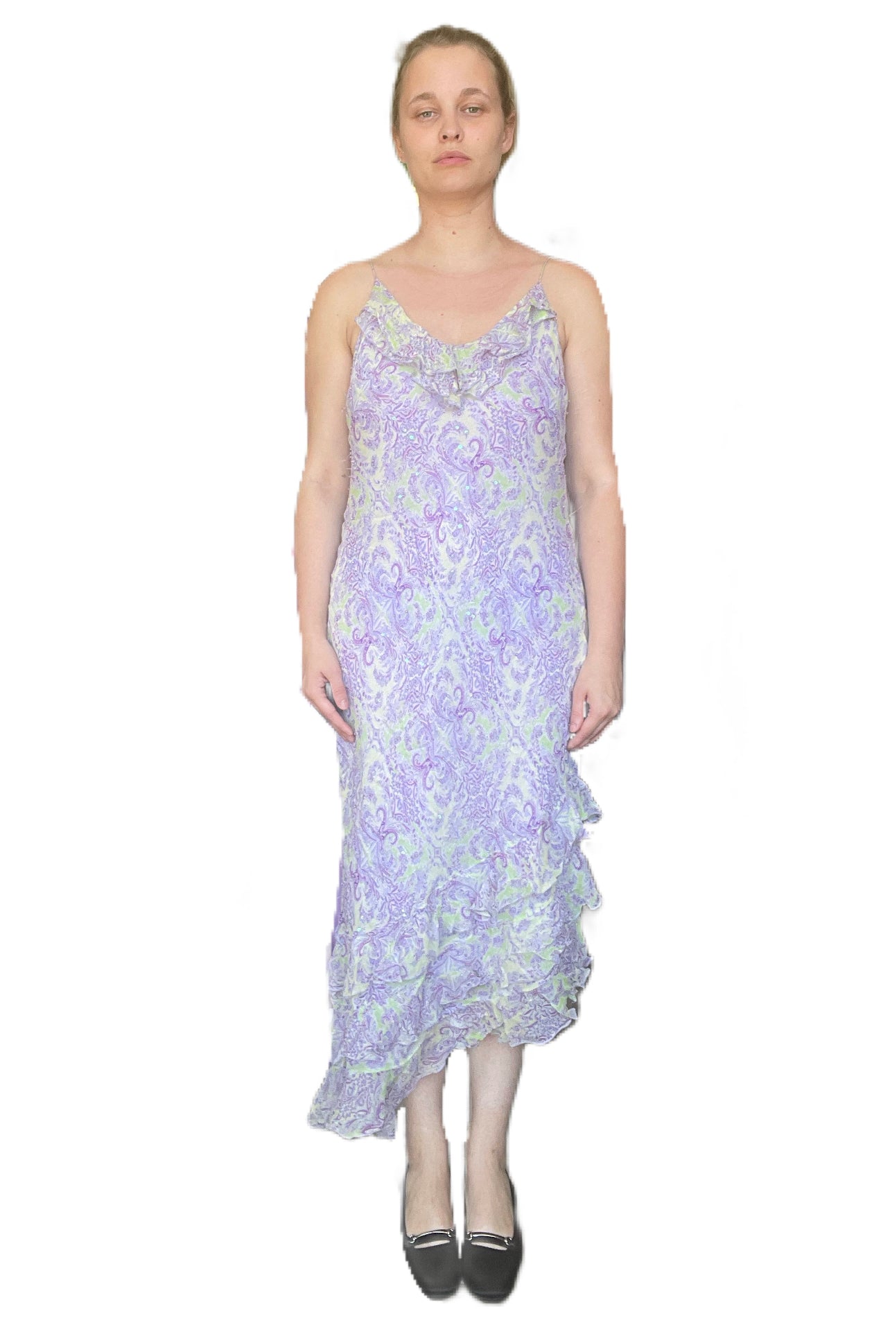 1990s Lavender & Lime Silk Chiffon Dress with Asymmetrical Ruffled Hem (M)