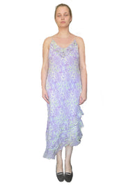 1990s Lavender & Lime Silk Chiffon Dress with Asymmetrical Ruffled Hem (M)
