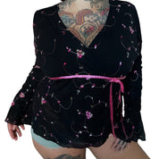 Vtg embroidered micromesh wrap blouse (XL)