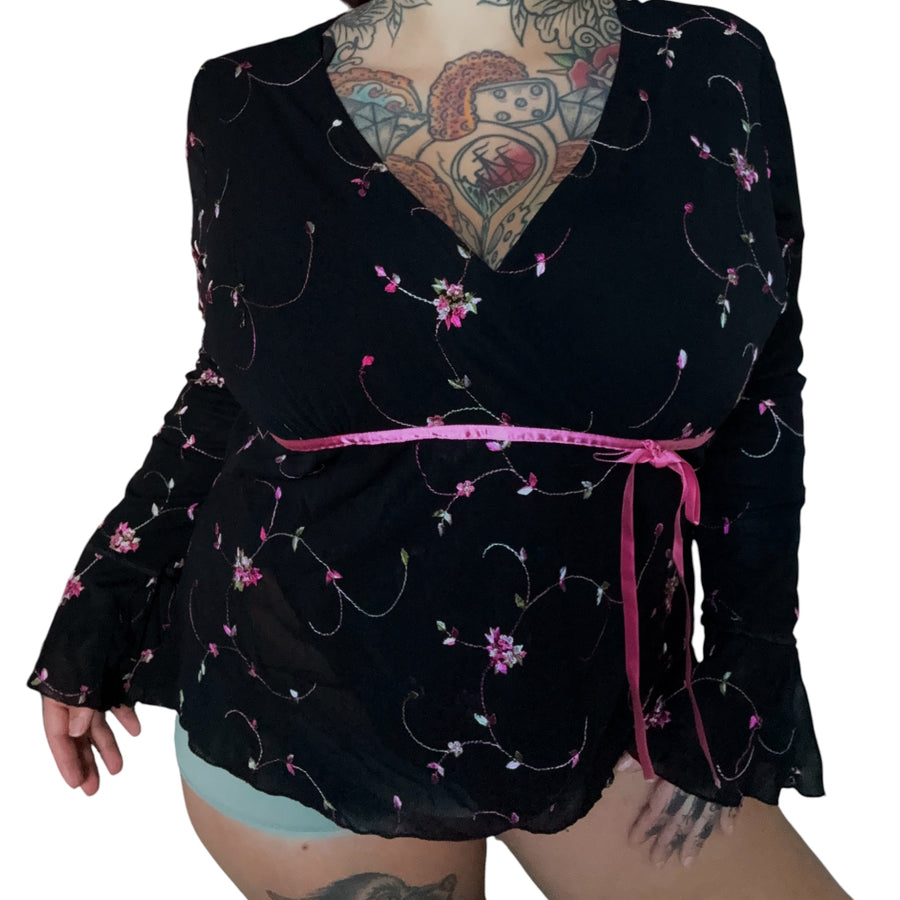 Vtg embroidered micromesh wrap blouse (XL)