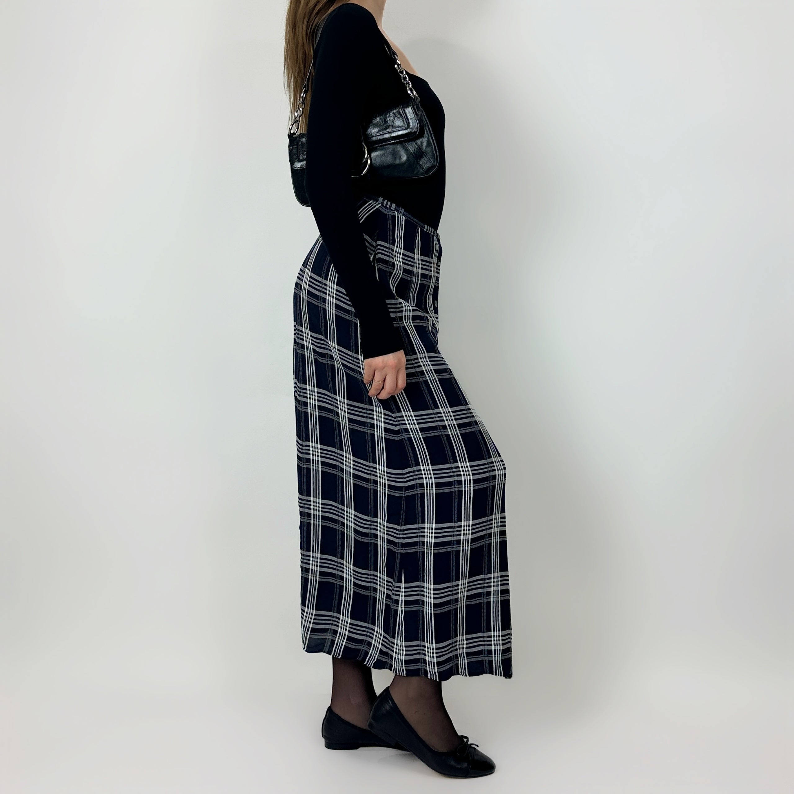 Vintage Navy Plaid Maxi Skirt (S)