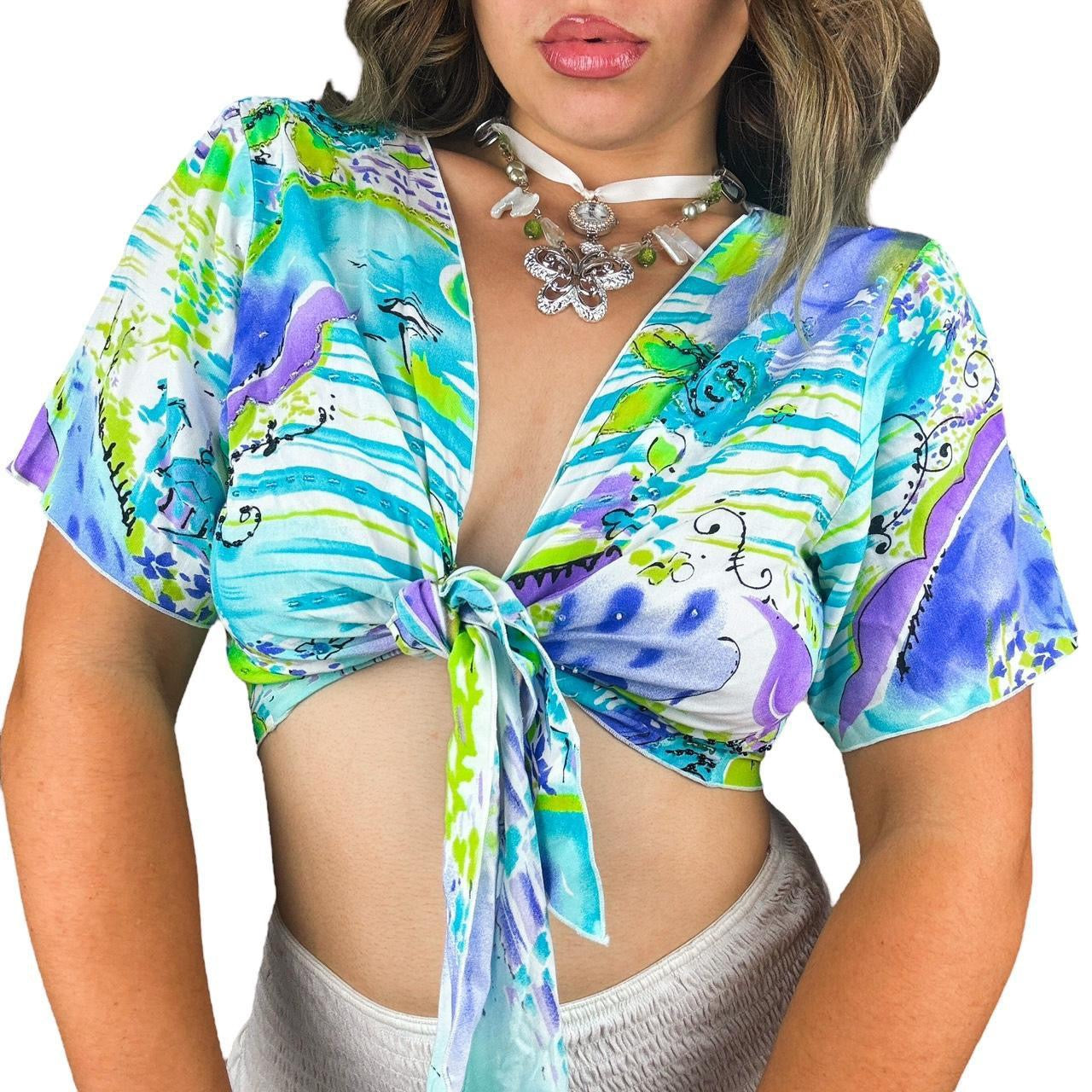 90s Beaded Tie Front Crop Top (M)
