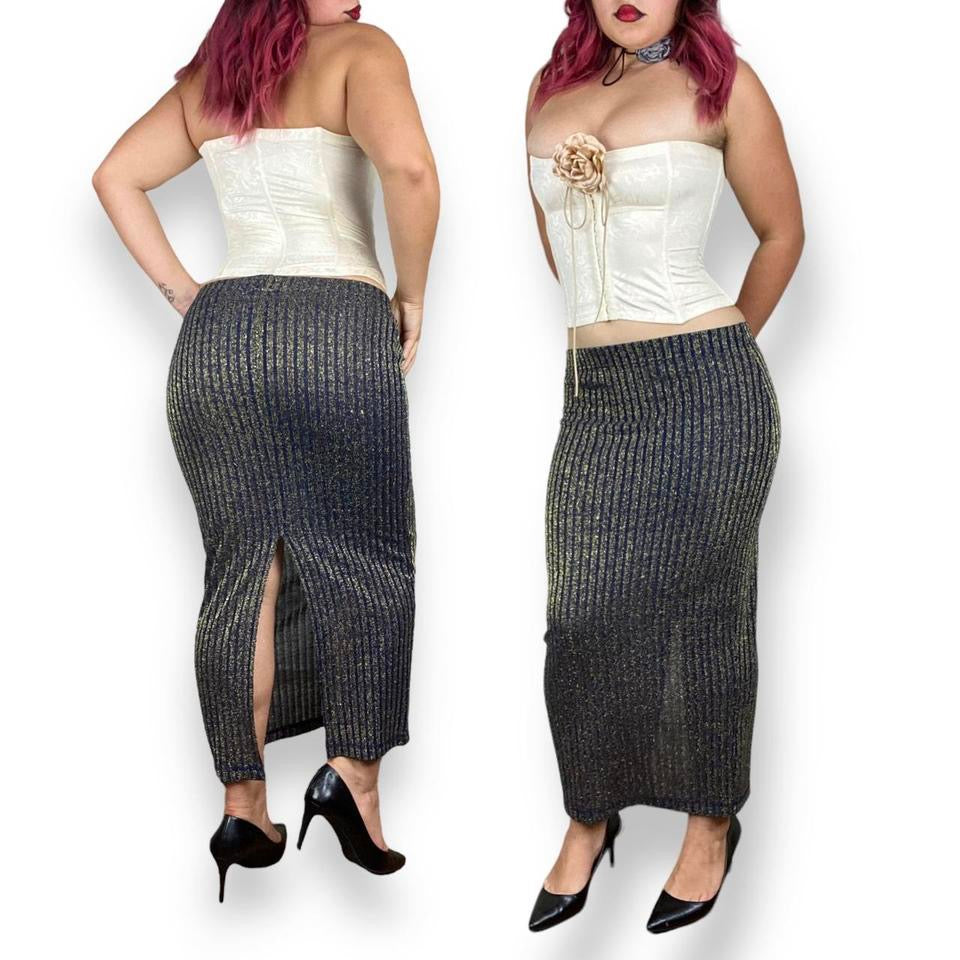 90s Navy Knit Shimmer Skirt (S)
