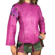 Embellished Flower Detail Magenta Leather Jacket (S/M)