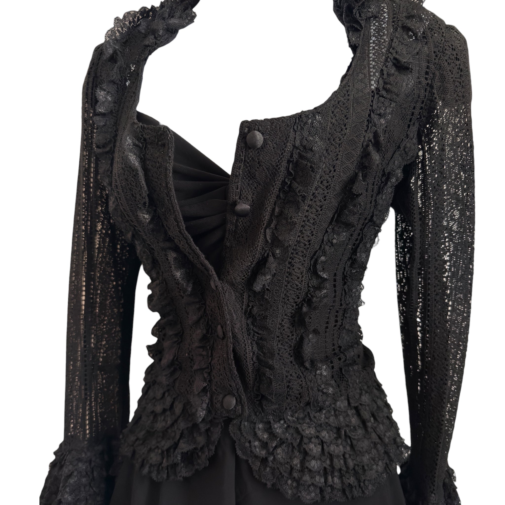 Vintage black ruffle button up blouse S/M)