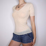 90s Cream Pointelle Hearts Tee (S/M)
