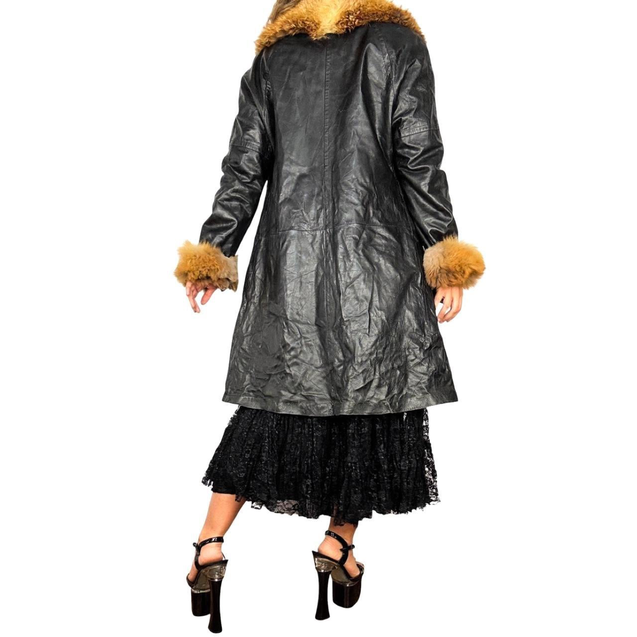 Vintage Genuine Fox Fur Trim Leather Trench Coat (L/XL)