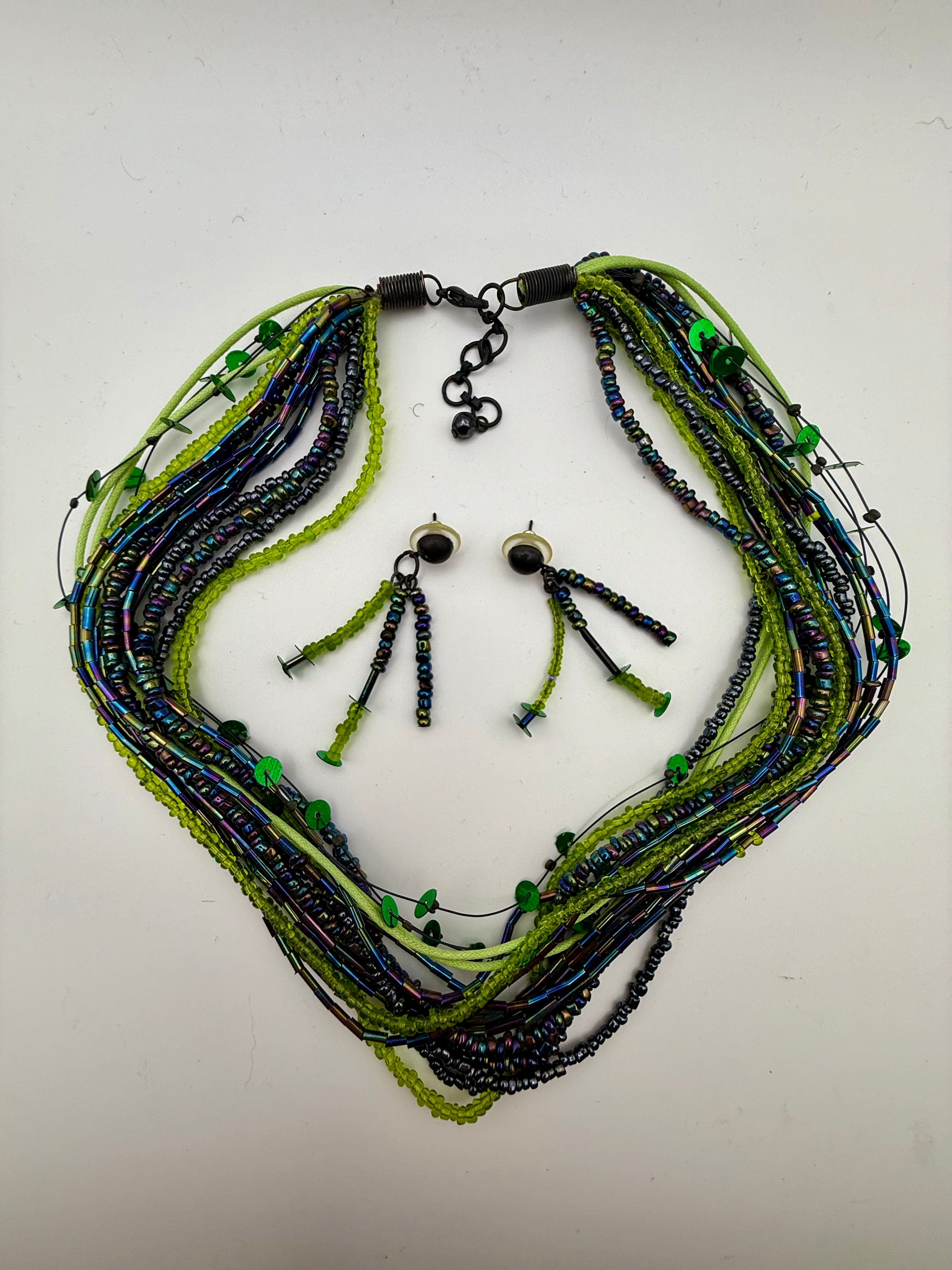 Green Iridescent Beaded Necklace Set