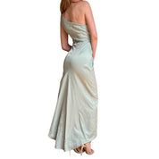 90s Pastel Mint Floral Satin Maxi Dress (M)