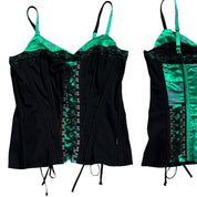 Tripp NYC green satin and black lace-up corset/bustier tank (M)
