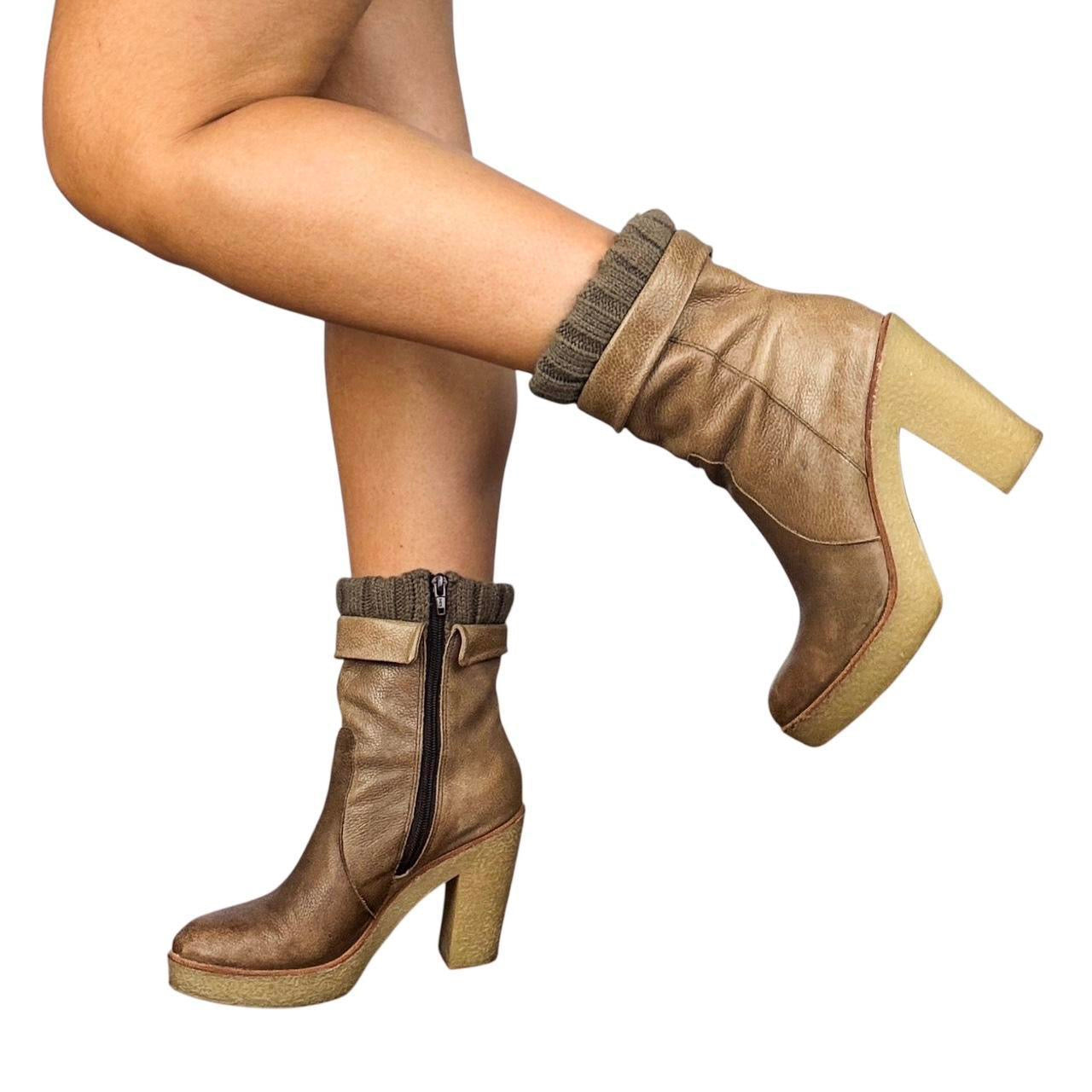 Y2K Brown Leather Platform Ankle Boots (8)