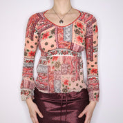 Y2K Italian Pink Floral Boho Blouse (S/M)