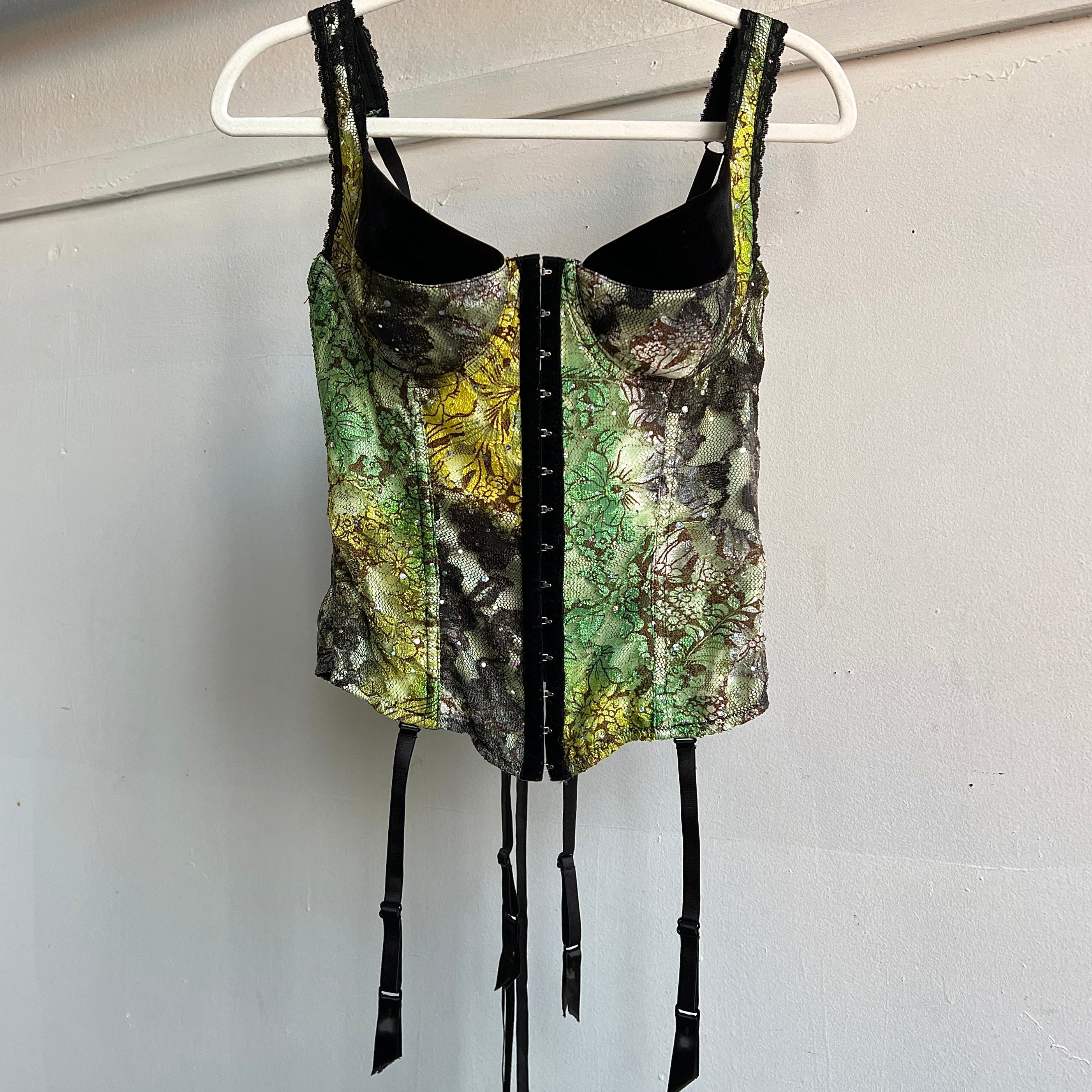 Y2K Green lace & black velvet corset - M/L