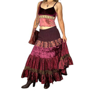 Y2K Burgundy Corduroy & Velvet Tiered Maxi Skirt (M/L)