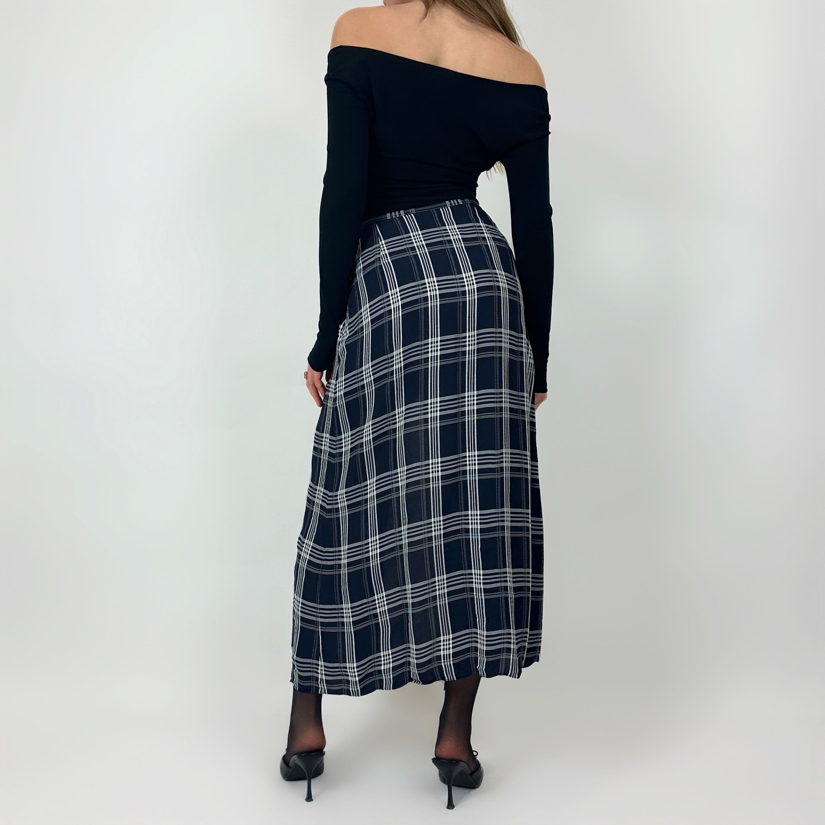 Vintage Navy Plaid Maxi Skirt (S)