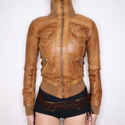 Y2K Sexy Brown Leather Moto Jacket (XS) 