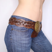 Y2K Brown Braided Leather Boho Hip Belt (S/M)