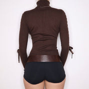 Y2K Brown Ribbon Turtleneck Sweater (XS/S)