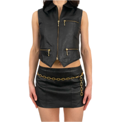 Leather & Gold Zip-Up Vest (XS)