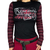 Euro Y2K “Romantic Dream” Striped Sleeve Graphic Tee (L)