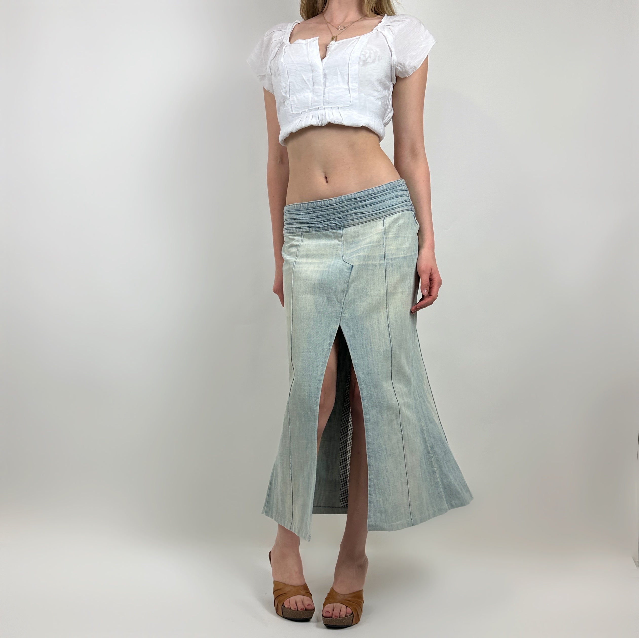 2000s Low Rise Slitted Denim Maxi Skirt (S)