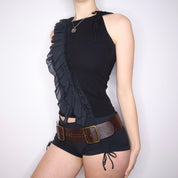Y2K French Black Mesh Ruffle Tank Top (S)