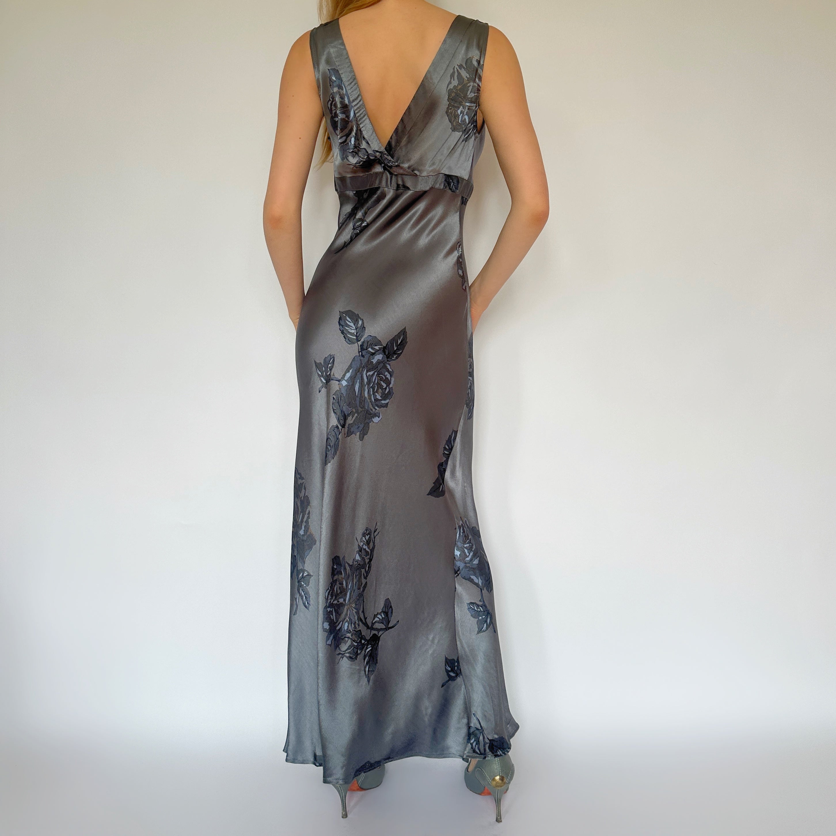 90s Muted Blue Floral Satin Maxi Dress (M)