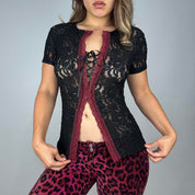 Sheer Lace Up Split Hem Baby Tee (M)