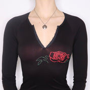 Y2K Black Rose Long Sleeve Top (S)