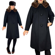 1960s Black Wool Coat with Fur Collar (L)