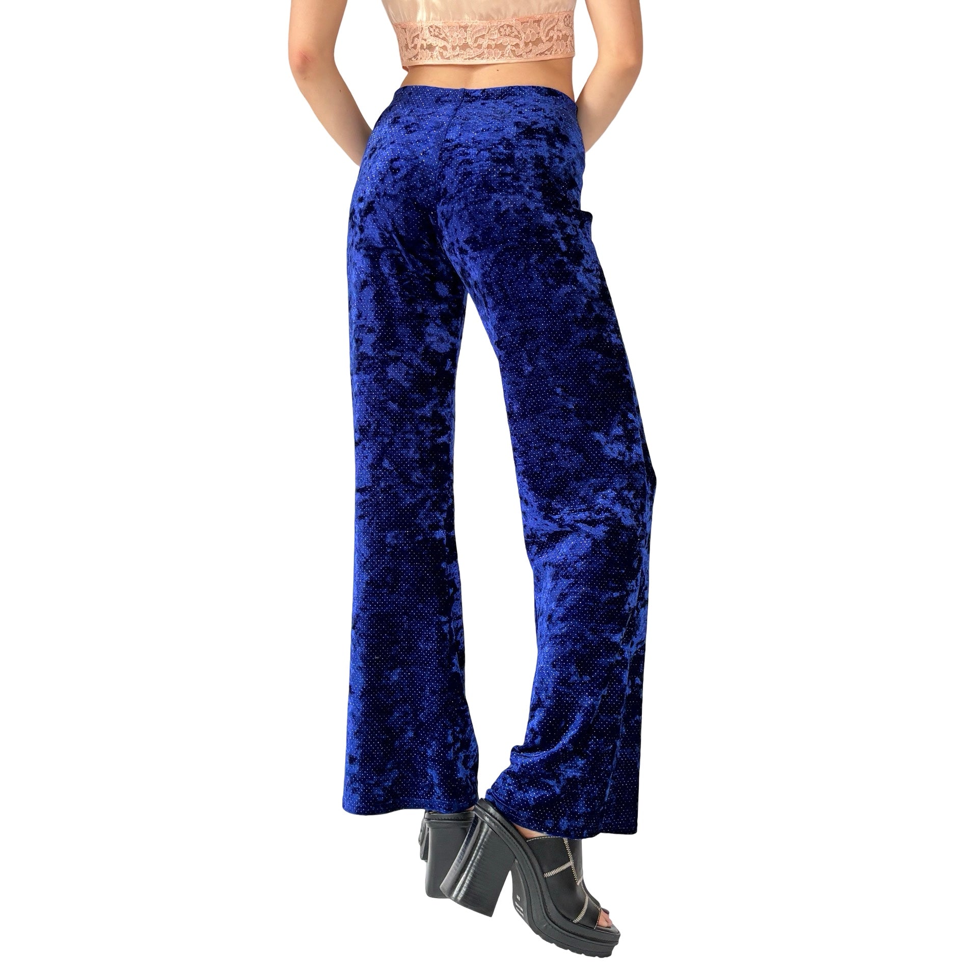 90s Royal Blue Crushed Velvet Flares (S)