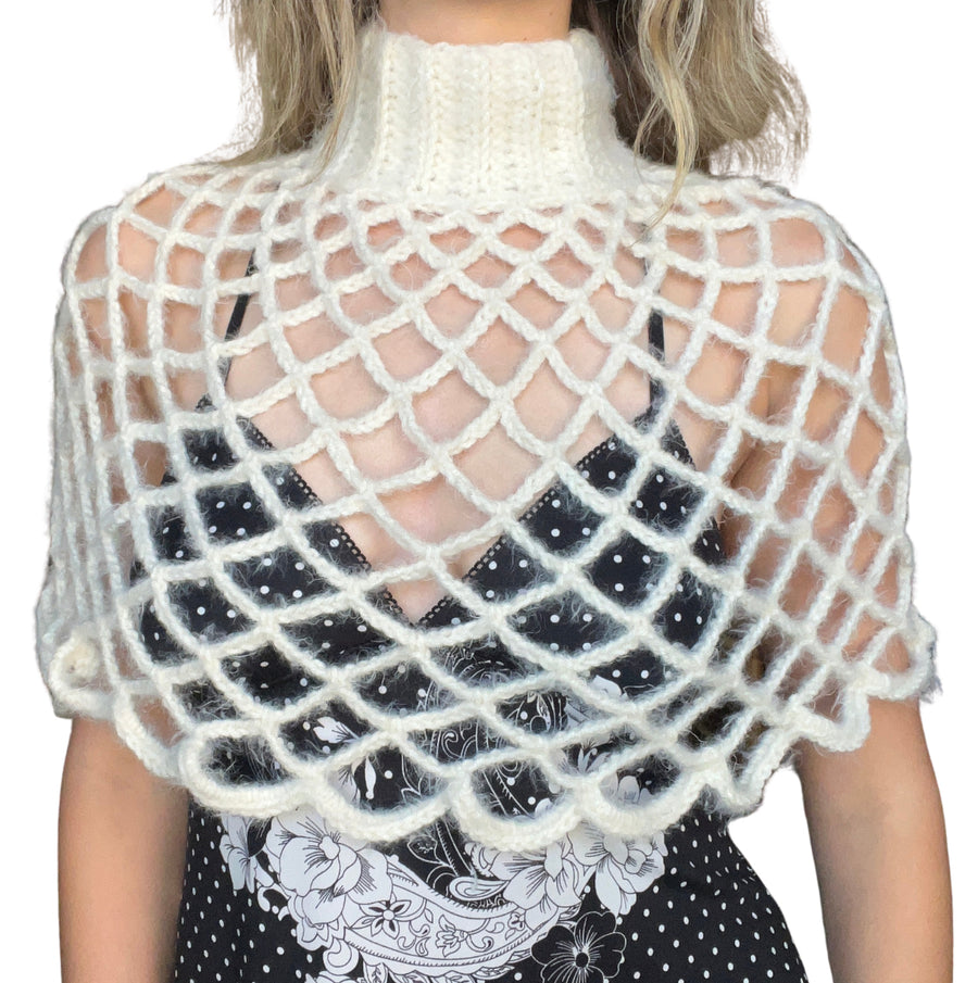 White Fuzzy Turtleneck Mesh Shawl (S/M)