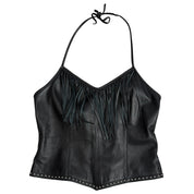 Y2K Jack Daniel’s Western-style black leather fringe halter top (M/L)