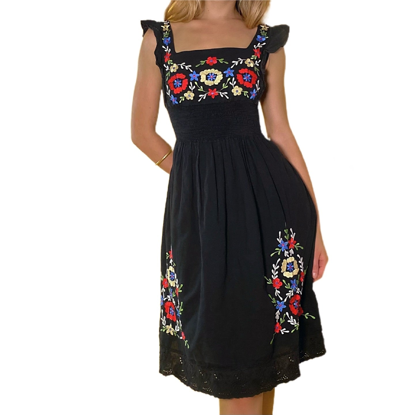Vintage Floral Linen Peasant Dress (S)