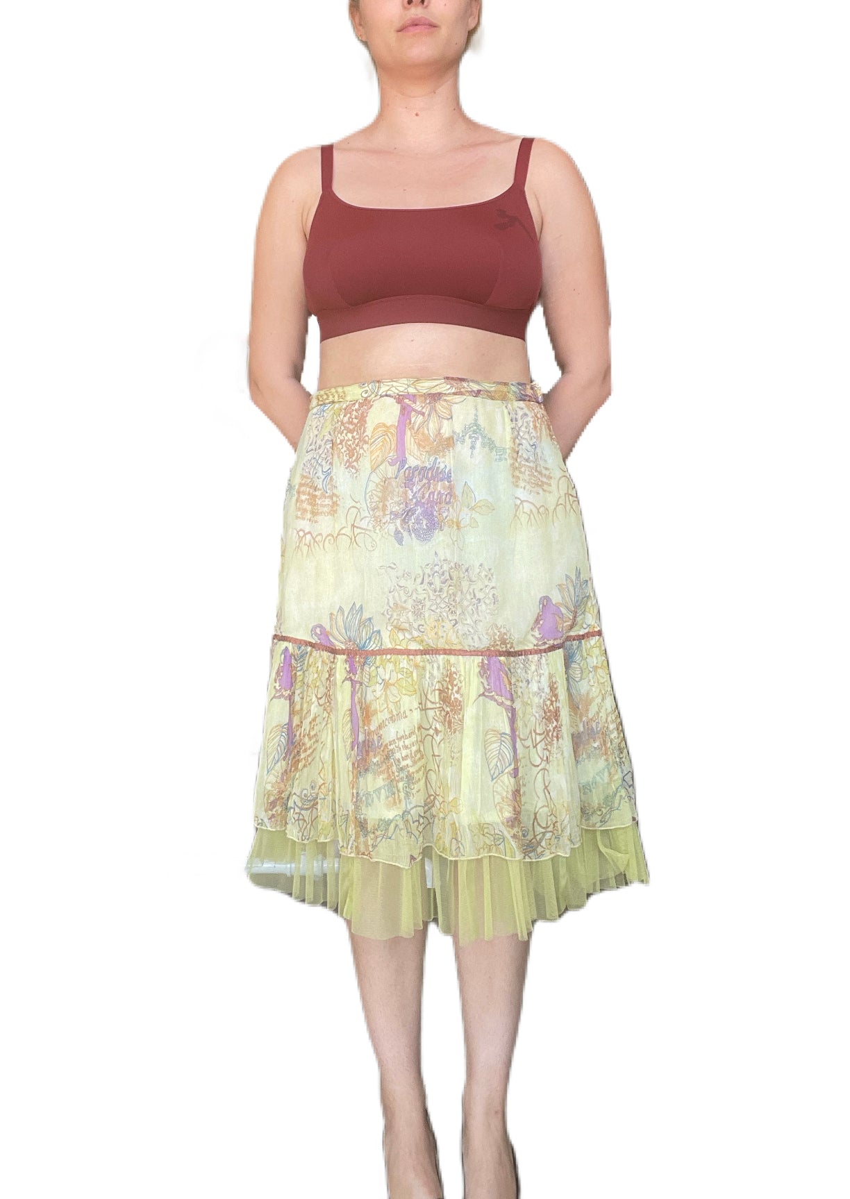 Early 2000s Yellow Chiffon Skirt with Purple Floral Print (M)