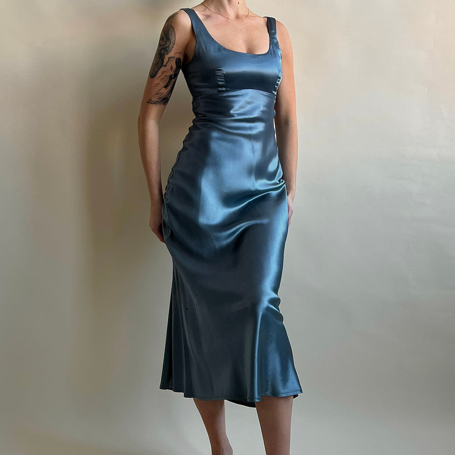 Vintage 90s dusty blue satin maxi dress (S/M)