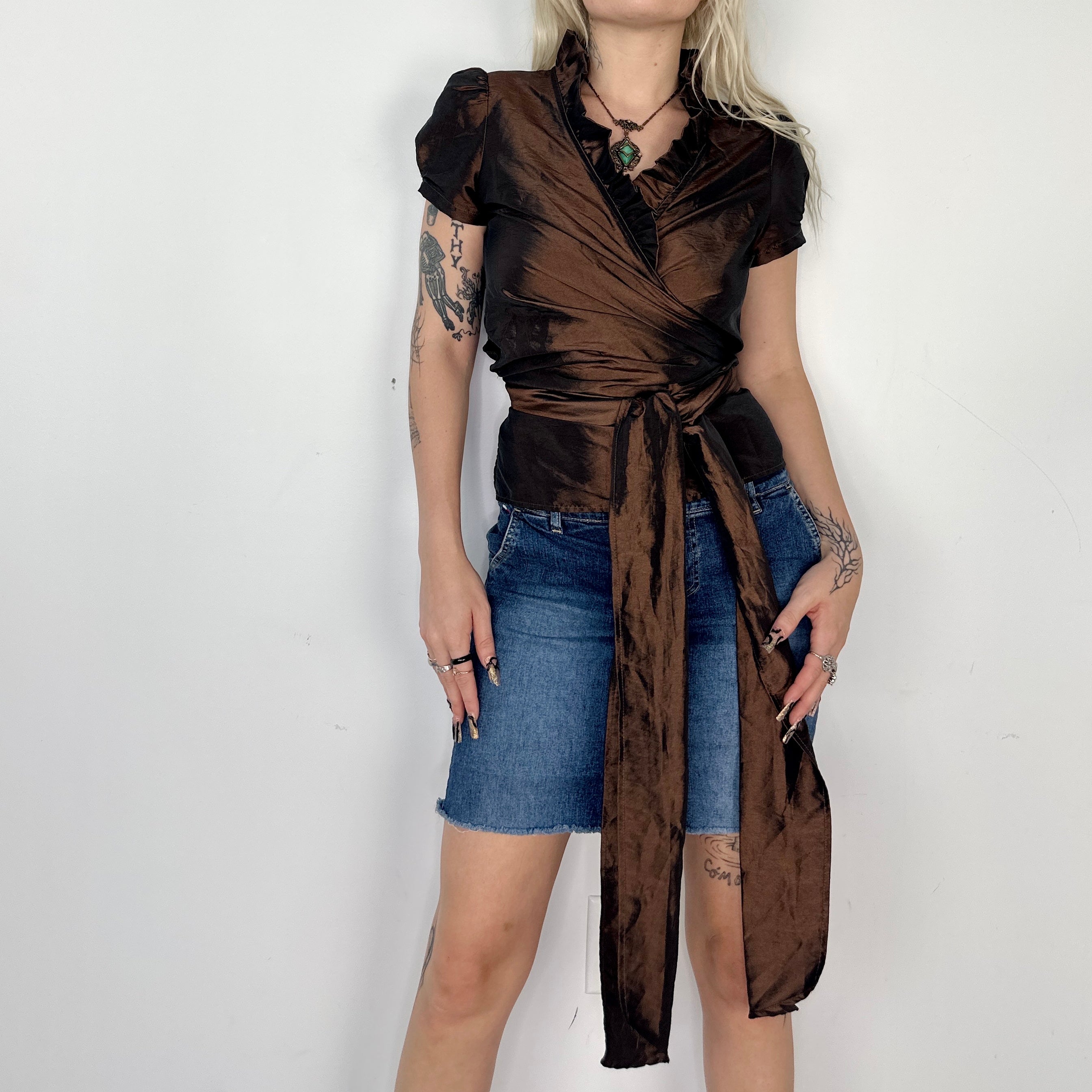 Chocolate Metallic Wraparound Blouse (M)